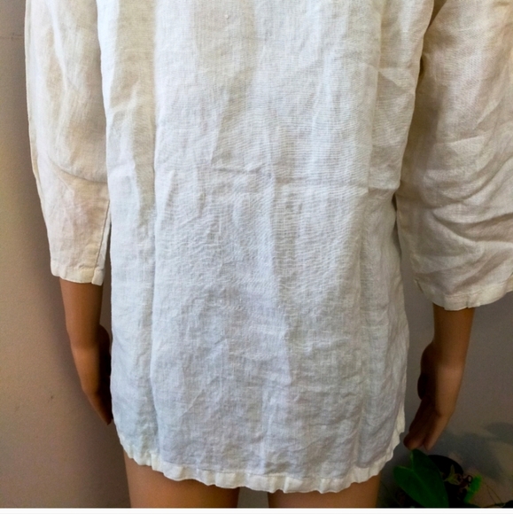 Click By Color Me Cotton Cream V Neck Linen 3/4 Blouse Top Oversized - Picture 7 of 12
